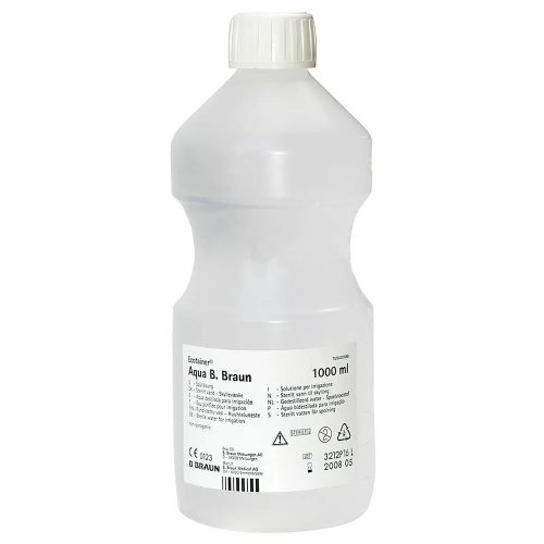 Weiße Flasche Braun Aqua Spüllösung 1 Liter auf weißem Hintergrund