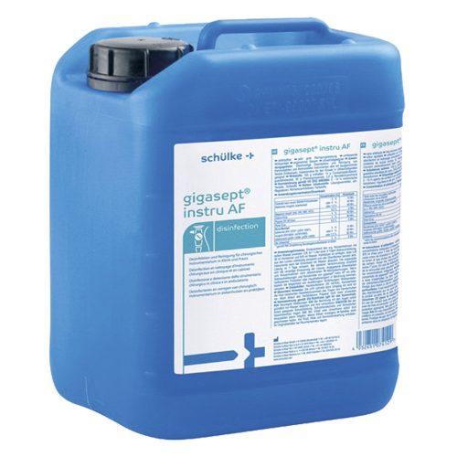 Blauer 5-Liter-Kanister mit instru AF Flächendesinfektionsmittel auf weißem Hintergrund
