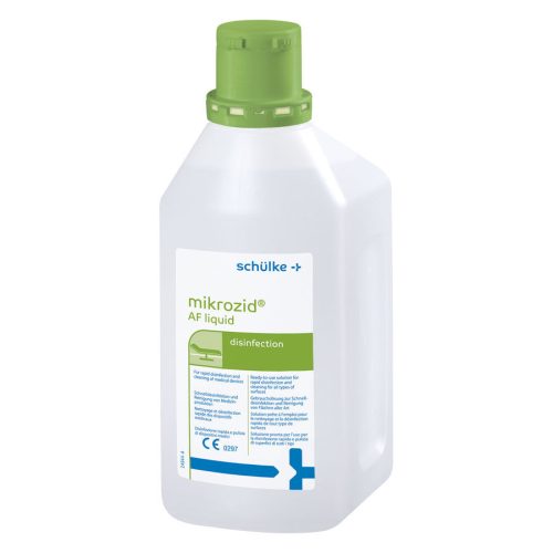 Transparente Flasche mikrozid AF Liquid mit grünem Deckel auf weißem Hintergrund