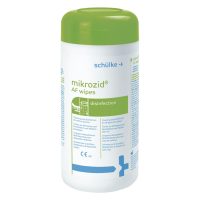 Grüne Dose mit Mikrozid AF Wipes auf weißem Hintergrund