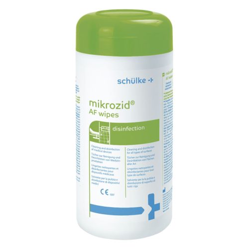 Grüne Dose mit Mikrozid AF Wipes auf weißem Hintergrund