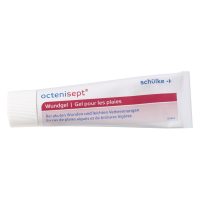 Weiße Tube Octenisept Wundgel 20 ml auf weißem Hintergrund