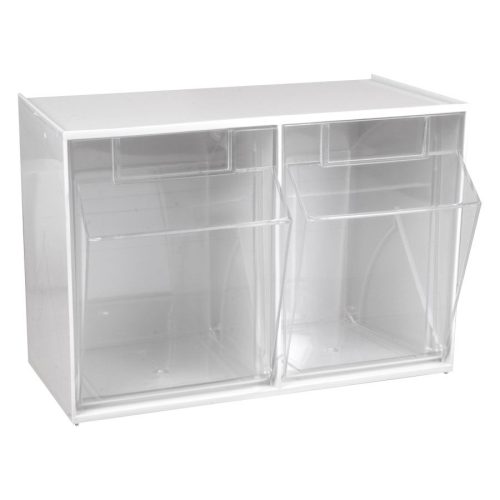 Zwei weiße, transparente Displaybehälter nebeneinander