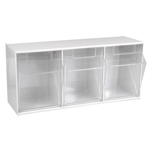 Weißes dreiteiliges Regalset für Displays mit transparenten Fächern auf weißem Hintergrund