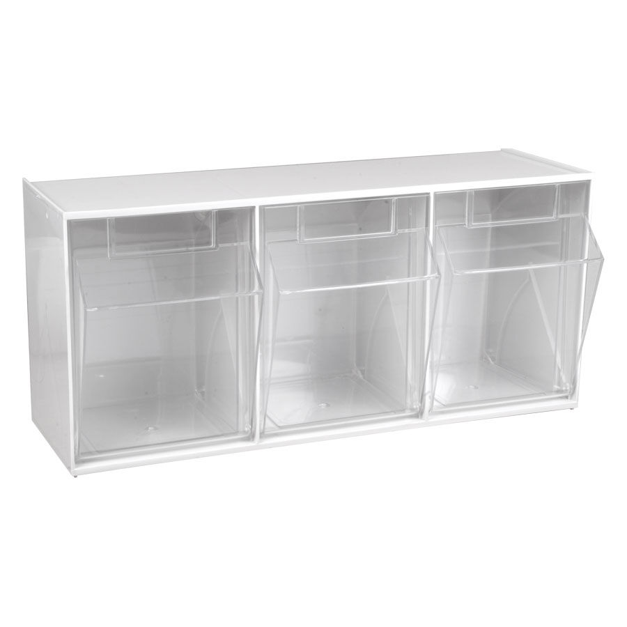 Weißes dreiteiliges Regalset für Displays mit transparenten Fächern auf weißem Hintergrund