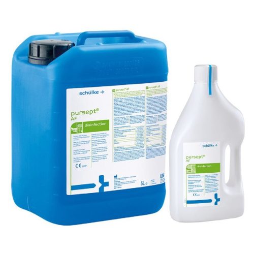Blauer 5-Liter-Kanister und weiße 2-Liter-Flasche Schülke pursept® AF auf weißem Hintergrund