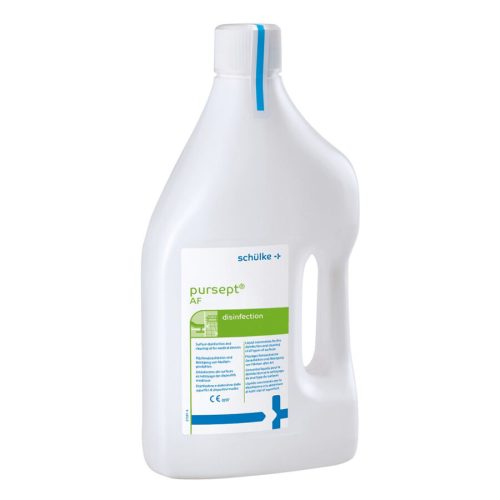 Weiße Flasche Schülke pursept® AF 2 Liter auf grauem Hintergrund