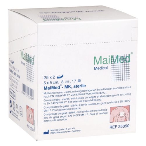 Weiße Box mit Mullkompressen, Marke MaiMed, 5x5 cm, auf weißem Hintergrund