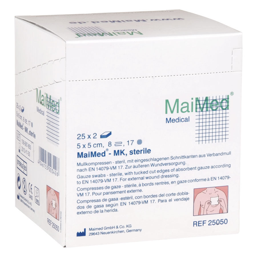 Weiße Box mit Mullkompressen, Marke MaiMed, 5x5 cm, auf weißem Hintergrund