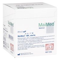 Weiße Box mit MaiMed Mullkompressen 7,5 x 7,5 cm auf weißem Hintergrund