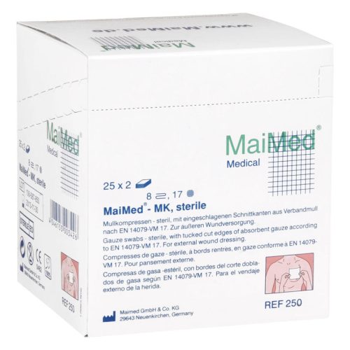 Weiße Box mit MaiMed Mullkompressen 7,5 x 7,5 cm auf weißem Hintergrund
