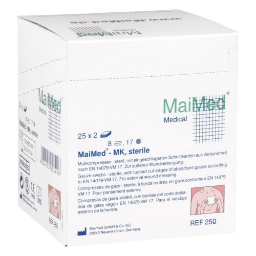 Weiße Box mit MaiMed Mullkompressen, 10x10 cm, 8-fach, steril, auf hellem Hintergrund