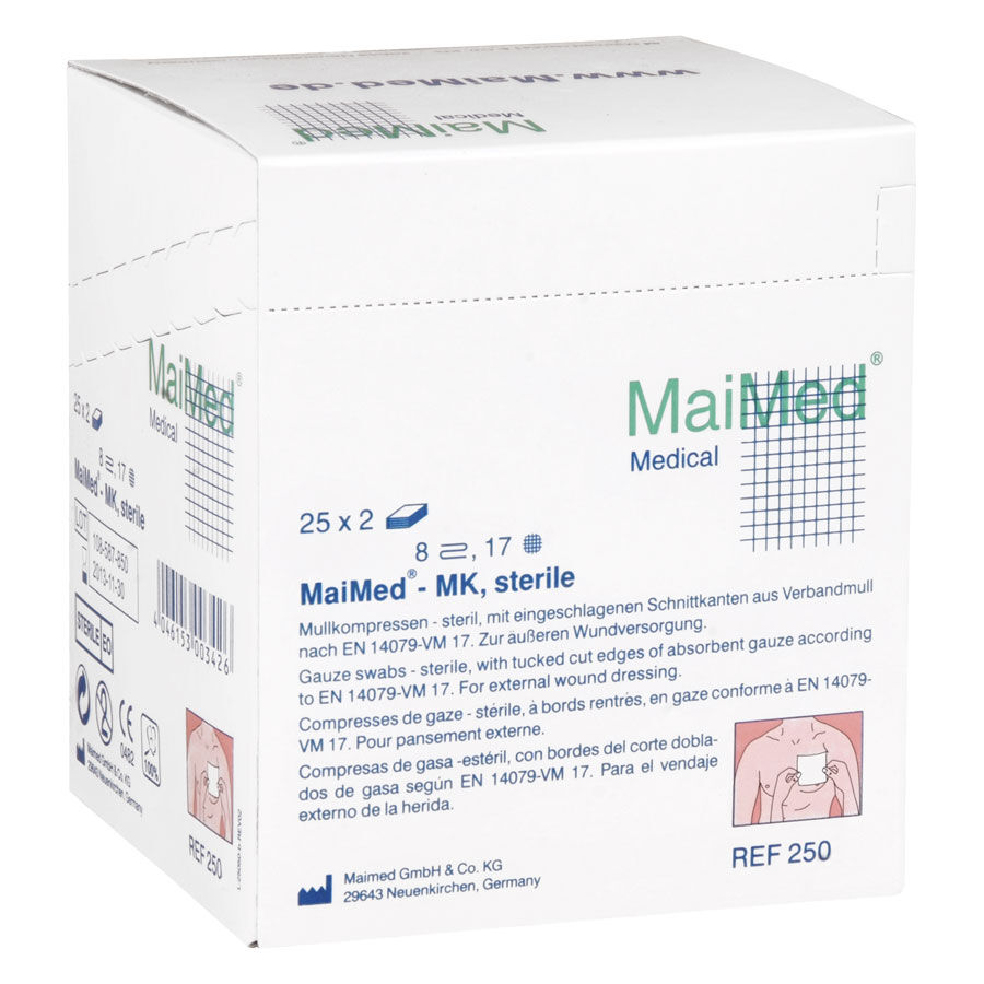 Weiße Box mit MaiMed Mullkompressen, 10x10 cm, 8-fach, steril, auf hellem Hintergrund