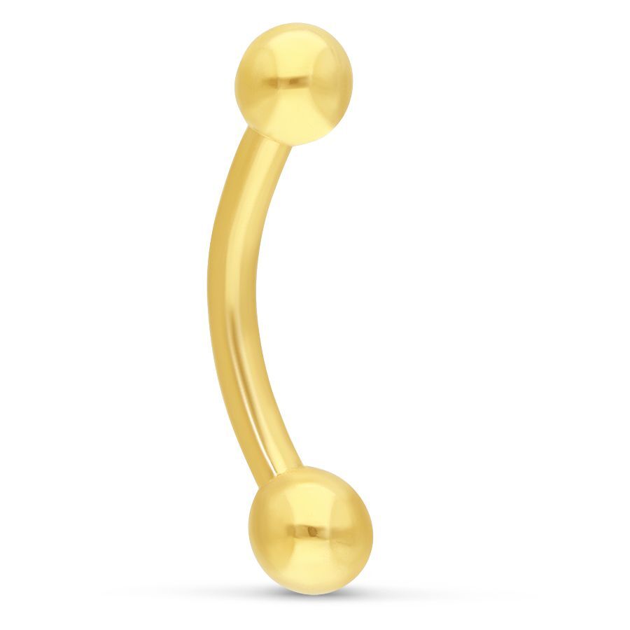 Goldenes Microbananabell Piercing aus 18K Gold mit zwei Kugeln auf weißem Hintergrund