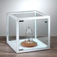 Glasvitrine in Würfelform mit LED-Streifen, Holzboden und weißem Rahmen