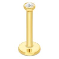 Goldenes Labret aus 750er Gold mit kristallklarem Stein auf weißem Hintergrund