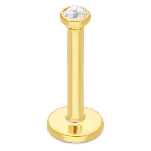 Goldenes Labret aus 750er Gold mit kristallklarem Stein auf weißem Hintergrund