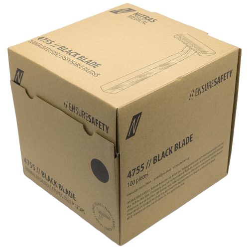 Kartonverpackung mit 100 schwarzen Einweg-Rasierern von Nitras