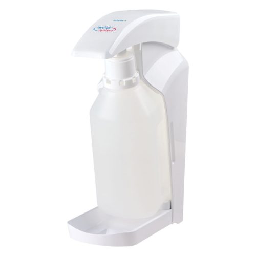 Weißer Hyclick Präparatespender Vario mit transparenter Flasche auf weißem Hintergrund