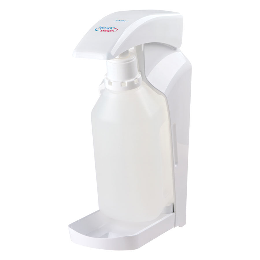 Weißer Hyclick Präparatespender Vario mit transparenter Flasche auf weißem Hintergrund