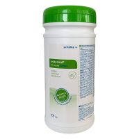 Große weiße Desinfektionstücherbox mit grünem Deckel auf weißem Hintergrund
