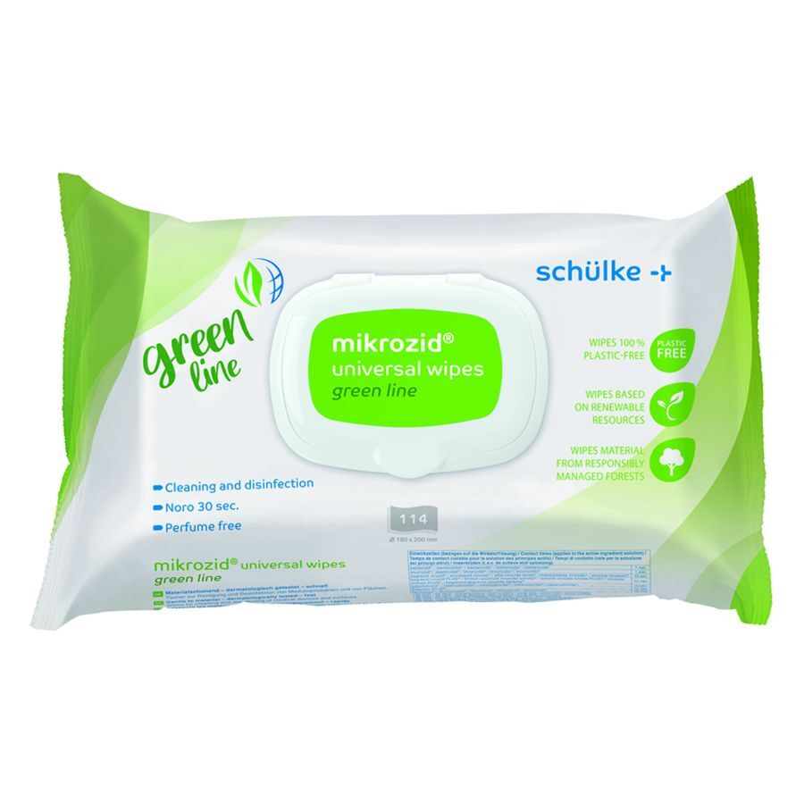Packung Mikrozid Universal Wipes Green Line auf weißem Hintergrund