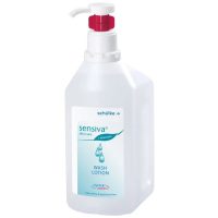 Weiße Flasche Schülke Sensiva Waschlotion mit rotem Spender auf weißem Hintergrund