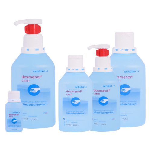Blaue Desinfektionsflasche mit rotem Pumpverschluss auf weißem Hintergrund
