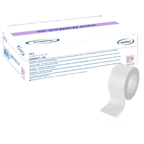 Rolle Kunstseidenpflaster vor weißer Verpackung mit blauen Aufdrucken
