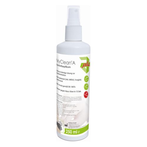 Weiße Sprühflasche MyClean Hautantiseptikum 250 ml auf weißem Hintergrund