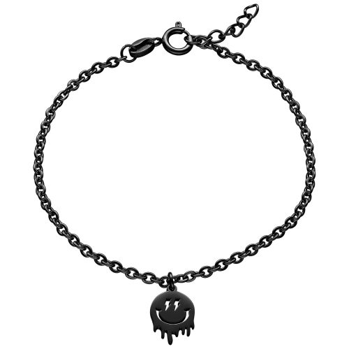 Schwarzes Metallarmband mit Smiley-Anhänger auf weißem Hintergrund