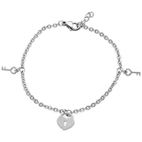 Silbernes Armband mit kleinen Schlüsseln und Herzschloss auf weißem Hintergrund