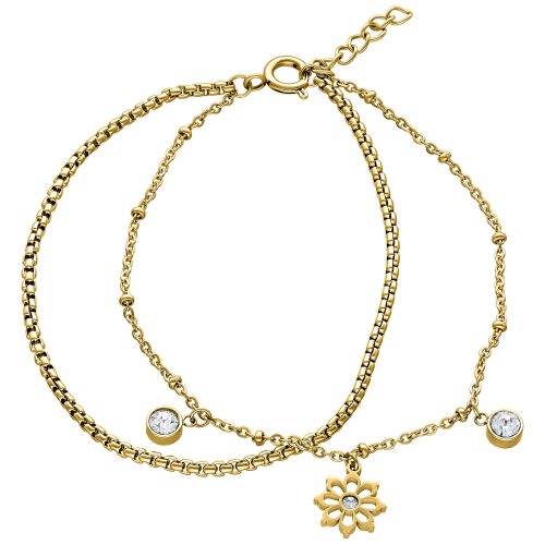 Goldenes Armband mit zwei Ketten und Kristallanhängern auf weißem Hintergrund