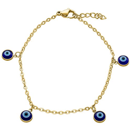 Goldenes Armband mit Nazar-Anhängern auf weißem Hintergrund