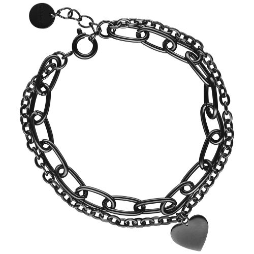 Doppelgliedriges Armband aus schwarzem Metall mit Herzanhänger auf weißem Hintergrund