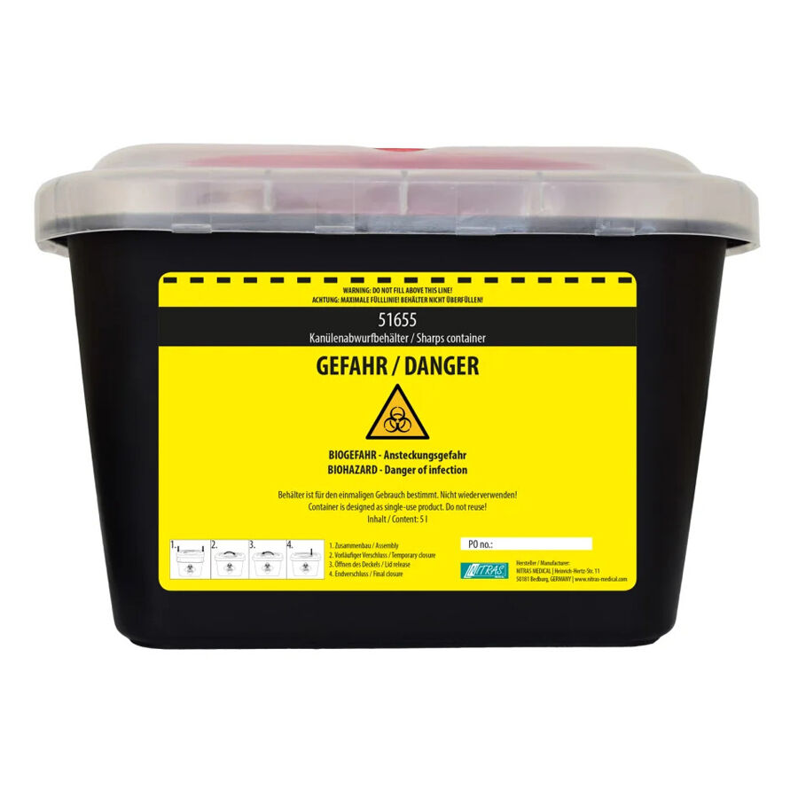 Schwarzer Abwurfbehälter 5 Liter mit gelbem Biohazard-Warnlabel auf weißem Hintergrund