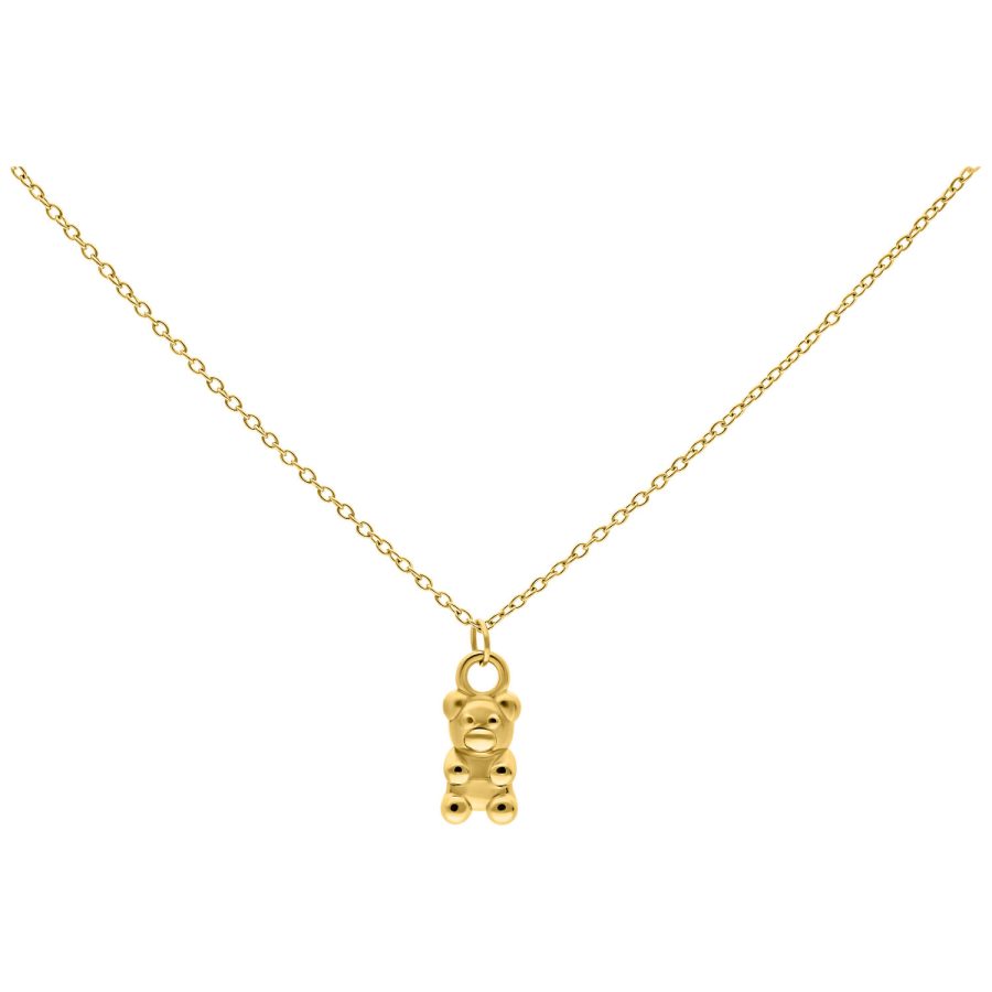 Goldene Kette mit Gummibärchen-Anhänger auf weißem Hintergrund