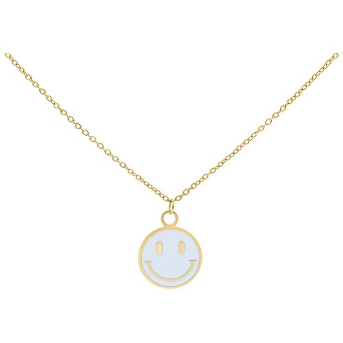 Goldene Kette mit weißem Smiley-Anhänger auf weißem Hintergrund