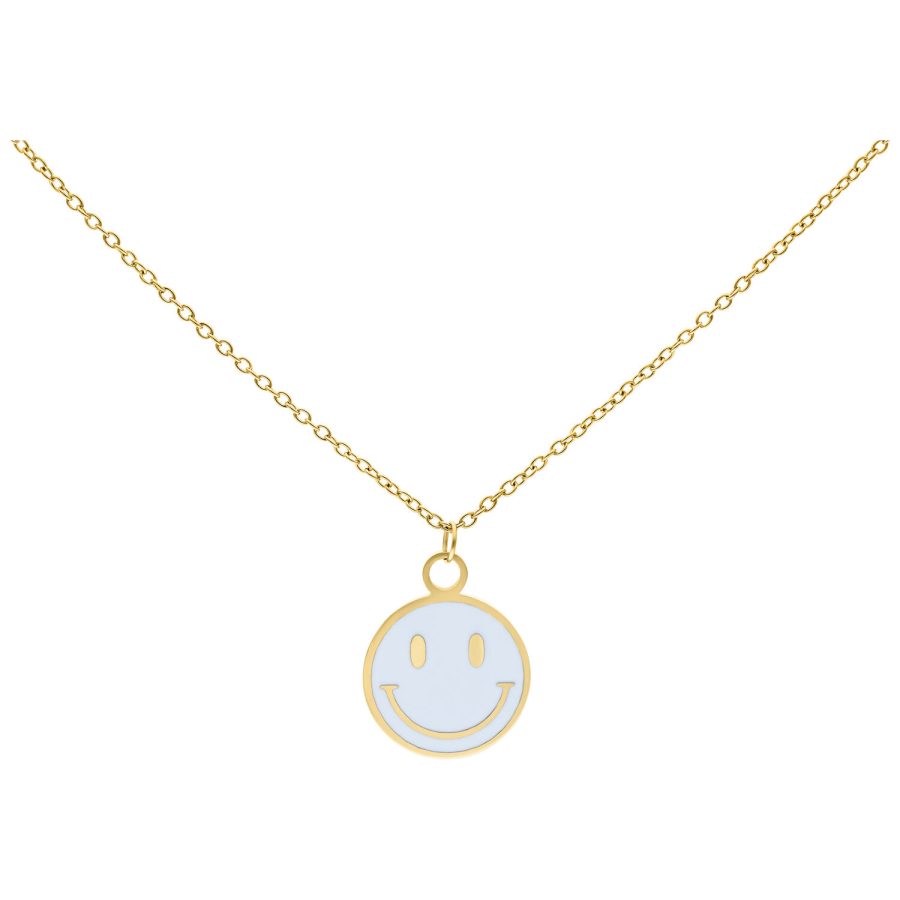 Goldene Kette mit weißem Smiley-Anhänger auf weißem Hintergrund