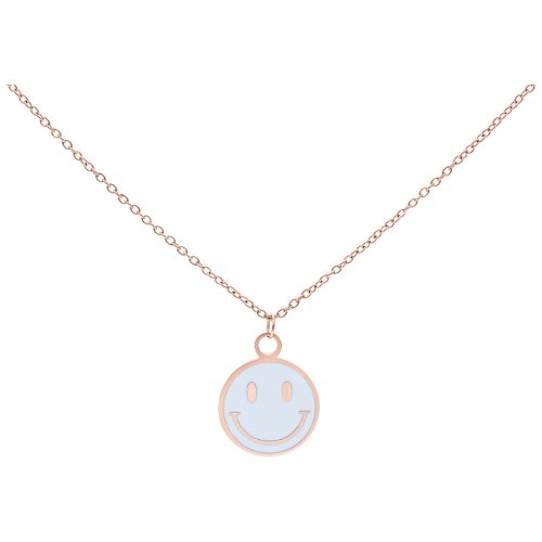 Roségoldene Kette mit lächelndem Smiley-Anhänger auf weißem Hintergrund