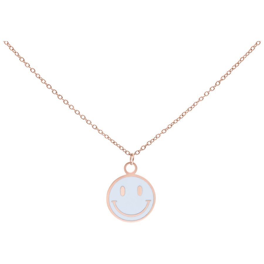 Roségoldene Kette mit lächelndem Smiley-Anhänger auf weißem Hintergrund