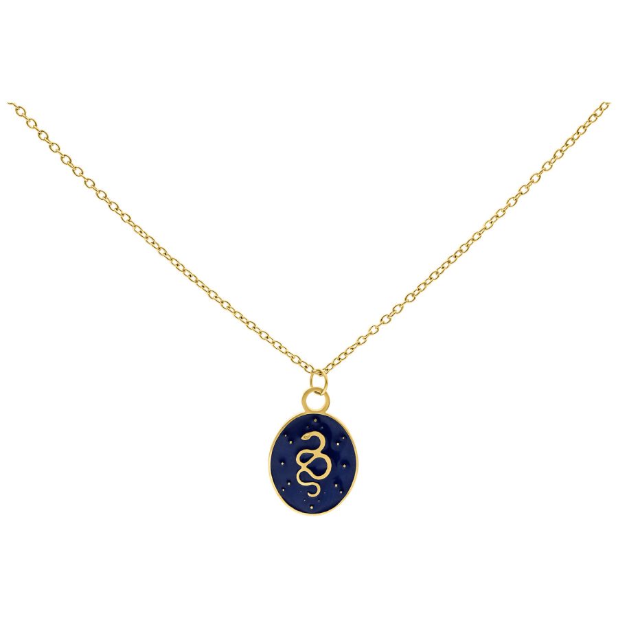 Goldene Kette mit blauem ovalem Anhänger und Schlangenmotiv auf weißem Hintergrund