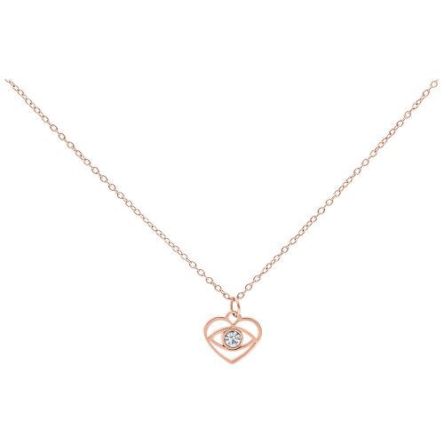 Roségoldene Kette mit kleinem Auge-Anhänger und klarem Kristall auf weißem Hintergrund