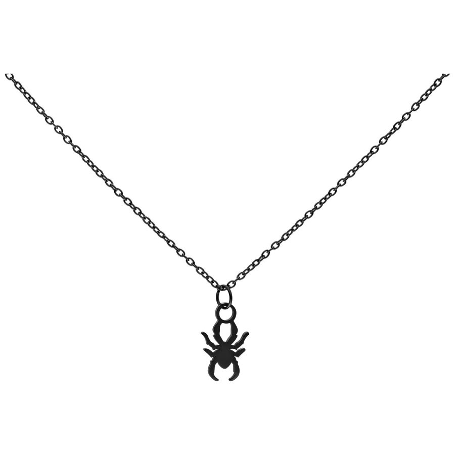 Schwarze Kette mit Spinnenanhänger aus Chirurgenstahl auf weißem Hintergrund