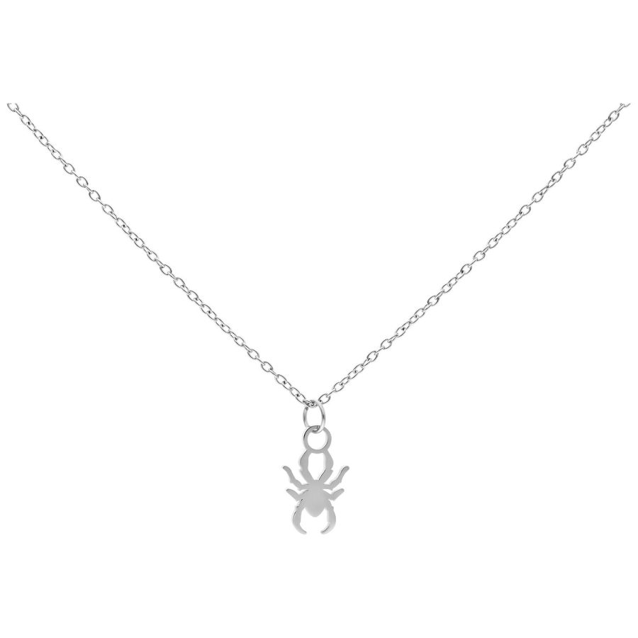 Silberne Kette mit kleinem Spinnenanhänger auf weißem Hintergrund