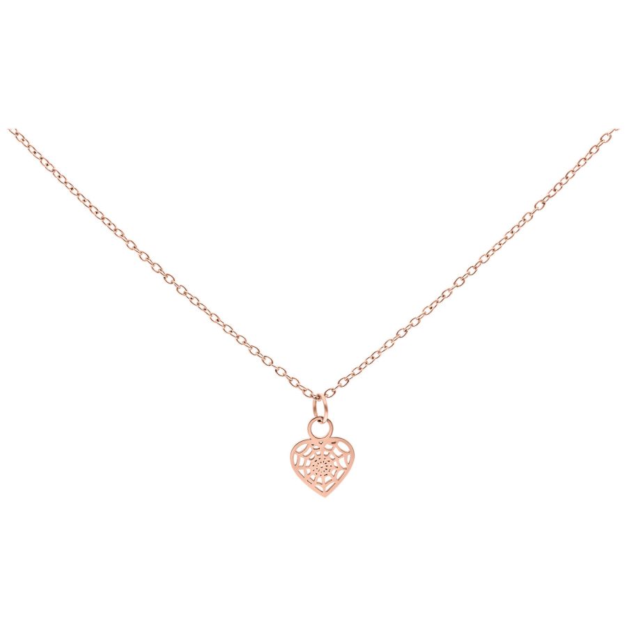 Roségoldene Kette mit filigranem Herzanhänger auf weißem Hintergrund