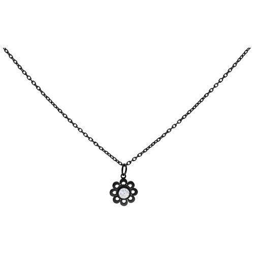 Schwarze Kette aus Chirurgenstahl mit Blumenanhänger und klarem Kristall auf weißem Hintergrund