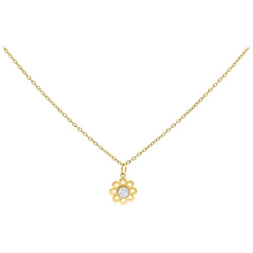 Goldene Kette mit blumenförmigem Kristallanhänger auf weißem Hintergrund