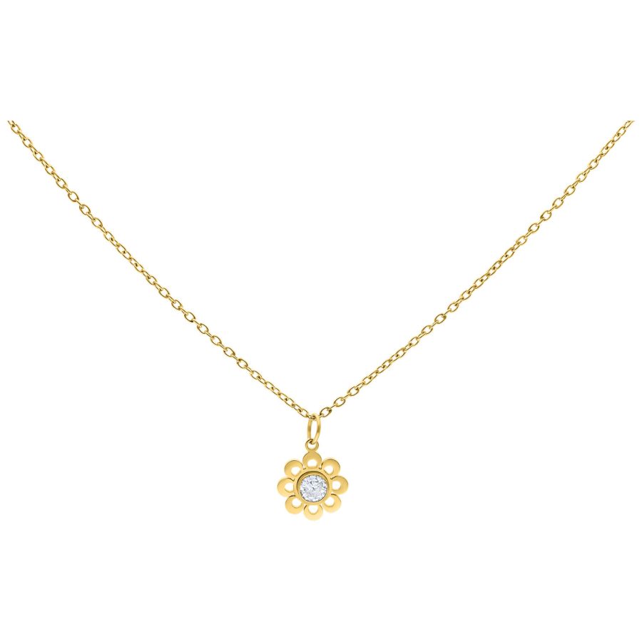 Goldene Kette mit blumenförmigem Kristallanhänger auf weißem Hintergrund