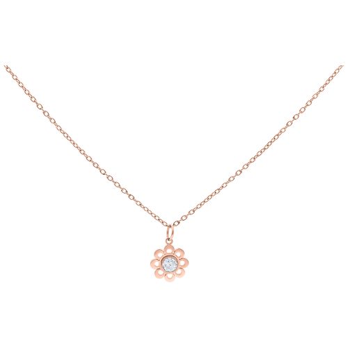 Roségoldene Kette mit Blütenanhänger und klarem Kristall auf weißem Hintergrund